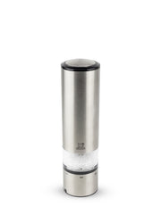 Peugeot | Elis Sense Salt Mill, 8-inch stainless steel and acrylic, with clear mid-section displaying salt crystals; activated by touch, featuring an LED light and adjustable settings.