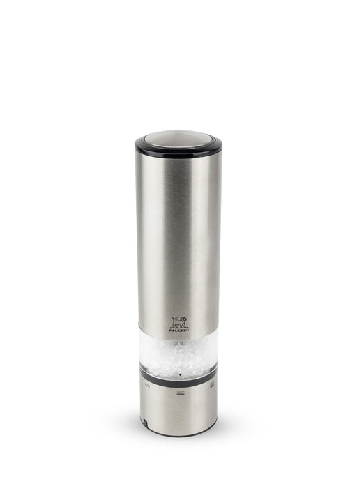 Peugeot | Elis Sense Salt Mill, 8-inch stainless steel and acrylic, with clear mid-section displaying salt crystals; activated by touch, featuring an LED light and adjustable settings.