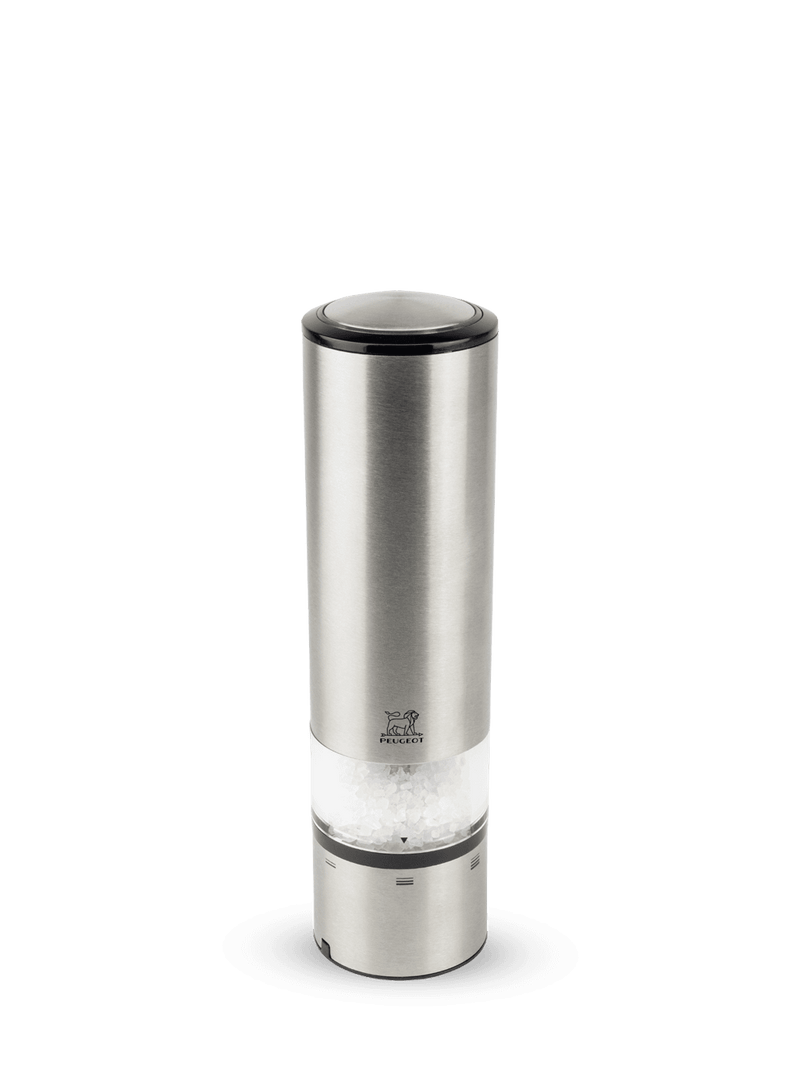 Peugeot | Elis Sense Electric Salt Mill: Sleek stainless-steel design with clear section for salt crystals, featuring LED illumination and adjustable grind settings for precise seasoning.