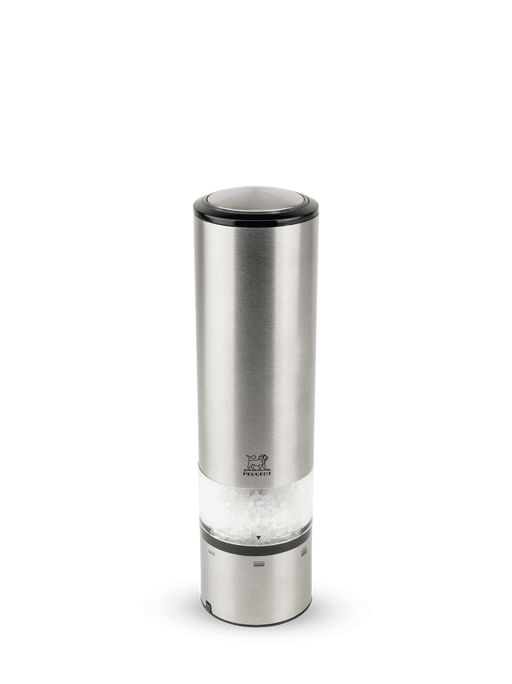 Peugeot | Elis Sense Electric Salt Mill: Sleek stainless-steel design with clear section for salt crystals, featuring LED illumination and adjustable grind settings for precise seasoning.