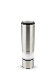 Peugeot | Elis Sense Salt Mill, 8-inch stainless steel, features a clear window with salt crystals, activated by touch, ideal for precise seasoning from Athens Cooks.