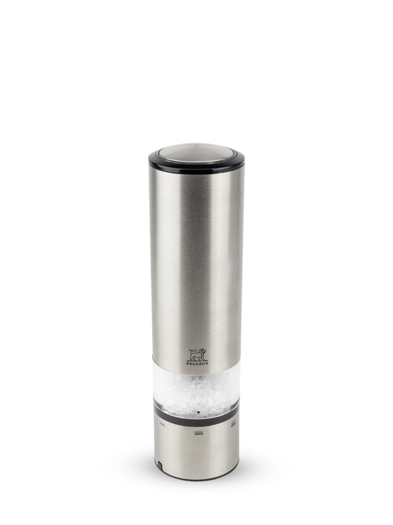 Peugeot | Elis Sense Salt Mill, 8-inch stainless steel, features a clear window with salt crystals, activated by touch, ideal for precise seasoning from Athens Cooks.