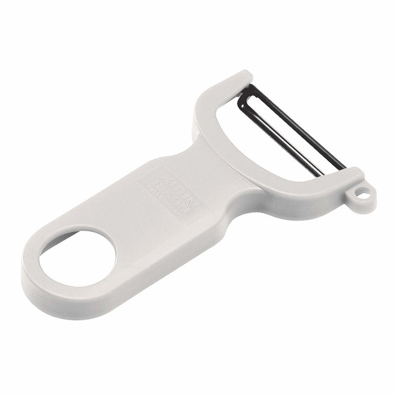 Kuhn Rikon | Original Swiss Peeler, White with ergonomic plastic handle and sharp carbon steel blade, featuring an integrated potato eye remover for efficient peeling.