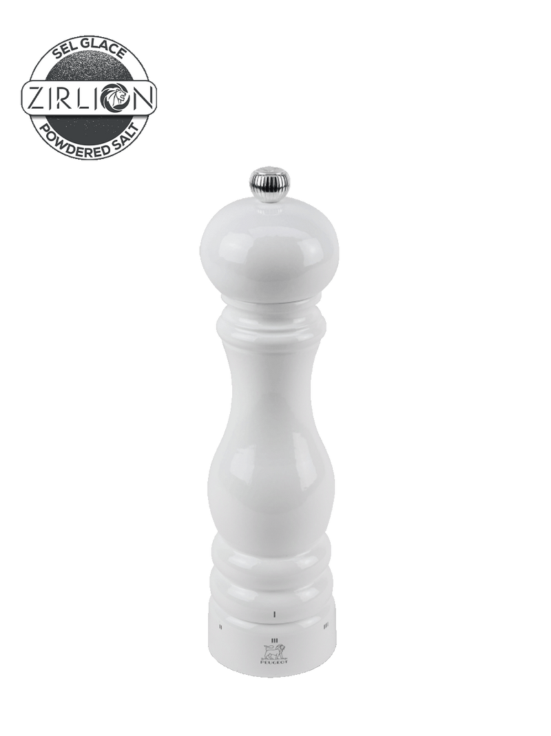Peugeot | Paris u'Select Salt Mill, 9-inch, features a glossy white wood design with chrome knob, showcasing precise grinding with u'Select system for culinary enthusiasts.
