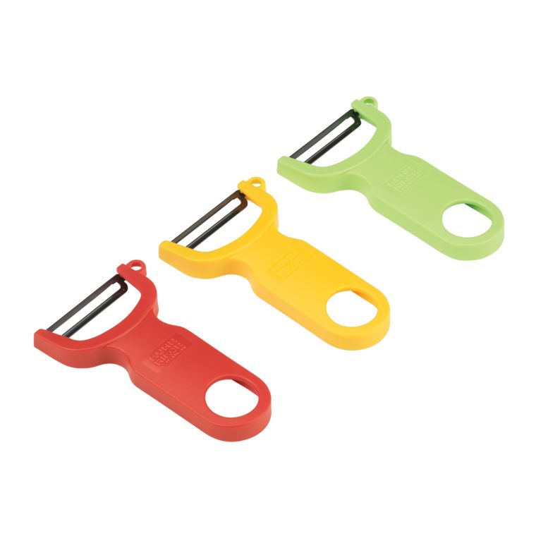 Kuhn Rikon | Original Swiss Peeler Set - Red/Green/Yellow features three ergonomic peelers with carbon steel blades, ideal for efficient fruit and vegetable peeling.