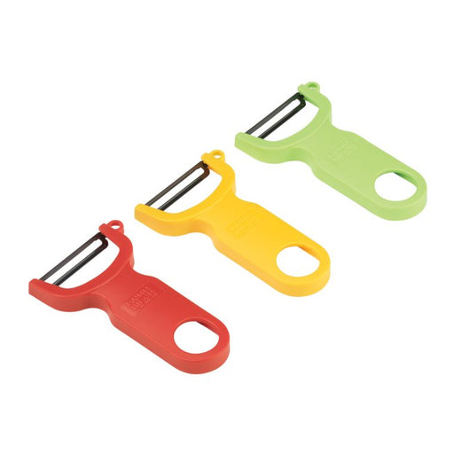 Kuhn Rikon | Original Swiss Peeler Set - Red/Green/Yellow features three ergonomic peelers with carbon steel blades, ideal for efficient fruit and vegetable peeling.