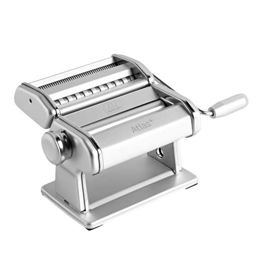 Marcato | Atlas 150 Plus Pasta Machine, Ice, with hand-crank and double cutter for lasagne, fettuccine, and spaghetti, showcasing its premium steel construction and adjustable rollers.