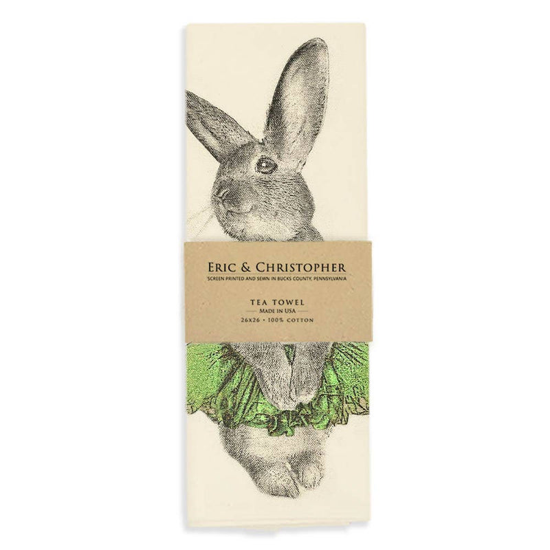 Eric & Christopher - Bunny Tutu Tea Towel - Green, featuring a playful rabbit illustration, screen printed on 100% cotton, perfect for kitchen or gift use.