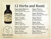 Roots And Leaves - Elderberry & Honey Tonic, 16 oz bottle, featuring a label with herbal ingredients for immune support, showcased in glass for eco-friendliness.