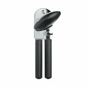 OXO Soft-Handled Can Opener with cushioned grips, oversized knob, stainless steel cutting wheel, and built-in bottle opener, designed for easy and comfortable use.