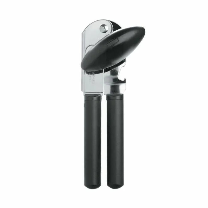 OXO Soft-Handled Can Opener with cushioned grips, oversized knob, stainless steel cutting wheel, and built-in bottle opener, designed for easy and comfortable use.