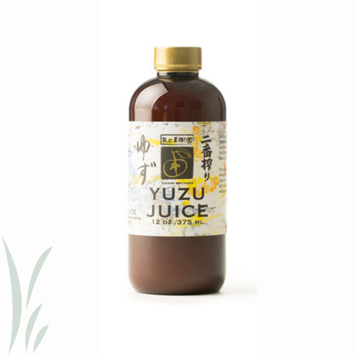 Mikuni Wild Harvest USA - Yuzu Juice, Niban Shibori (2nd Press), 375ml bottle with a gold cap, labeled in English and Japanese, ideal for culinary use.
