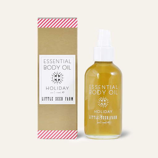 Little Seed Farm - Holiday Essential Body Oil - 4oz bottle and box; festive Peppermint Vanilla scent for moisturizing all skin types with botanical oils.