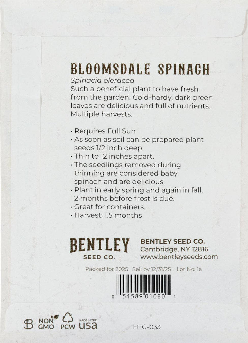Bentley Seed Co. - Spinach-Bloomsdale Savory 1820 packet back with planting instructions, company info, and icons for Non-GMO, recyclable, Made in USA.