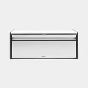 Brabantia USA Inc | Fall Front Bread Box Matt Steel, a sleek, space-saving appliance with a black-bordered lid, designed for efficient bread storage and easy wall-mounting.