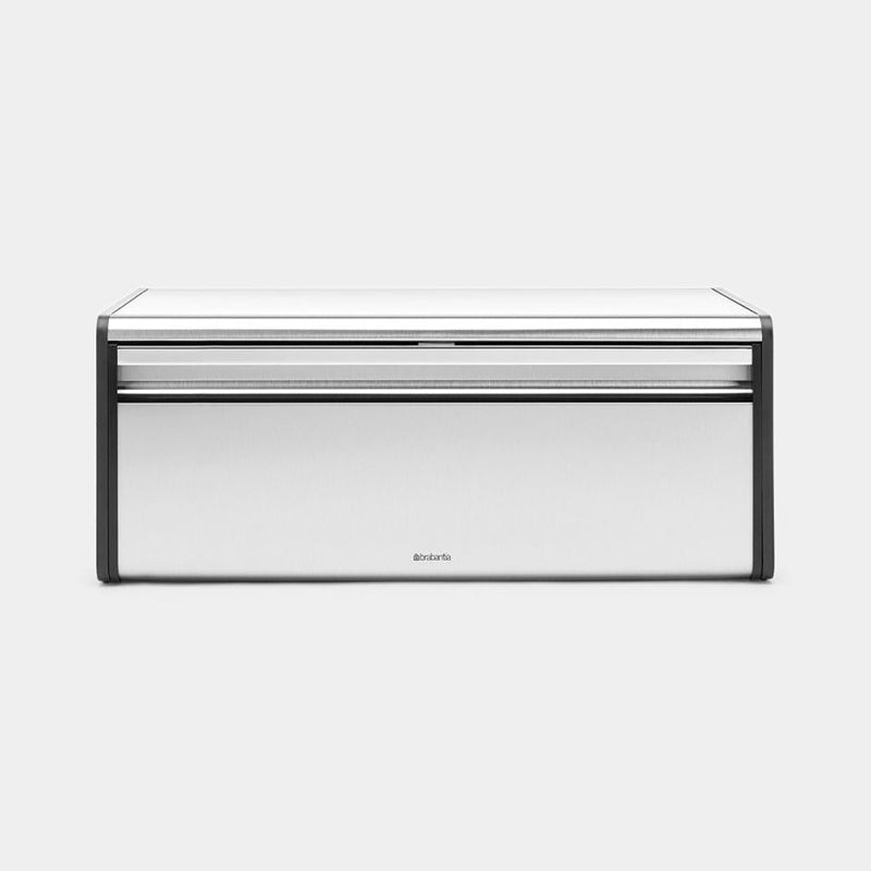 Brabantia USA Inc | Fall Front Bread Box Matt Steel, a sleek, space-saving appliance with a black-bordered lid, designed for efficient bread storage and easy wall-mounting.