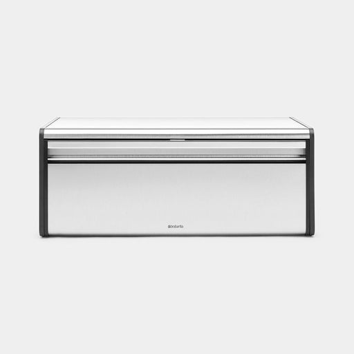 Brabantia USA Inc | Fall Front Bread Box Matt Steel, a sleek, space-saving appliance with a black-bordered lid, designed for efficient bread storage and easy wall-mounting.