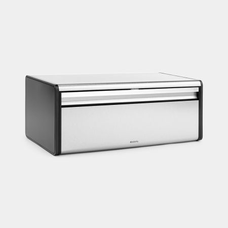 Brabantia USA Inc | Fall Front Bread Box Matt Steel with a space-saving rectangular design for storing bread, featuring a flat top and easy-open lid.