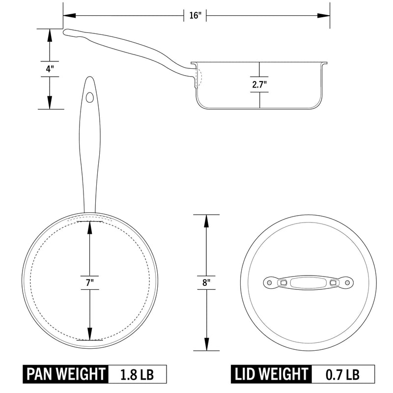 Heritage Steel | Saucepans with Lids - 3 Quart, depicted in a technical drawing, showcasing its versatility for precise cooking and even heat distribution. Ideal for sauces and grains.