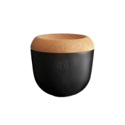 Emile Henry | Garlic Pot, Burgundy: Matte-black ceramic pot with cork lid for ventilating garlic, handcrafted in France, stackable, space-saving design. Ideal for Athens Cooks' kitchen essentials.