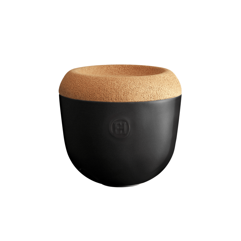Emile Henry | Garlic Pot, Burgundy: Matte-black ceramic pot with cork lid for ventilating garlic, handcrafted in France, stackable, space-saving design. Ideal for Athens Cooks' kitchen essentials.