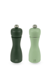 Peugeot | Tahiti Duo Salt + Pepper Mills - Air, featuring elegant hourglass design with adjustable knobs, crafted from sustainable wood for a sophisticated touch to dining.