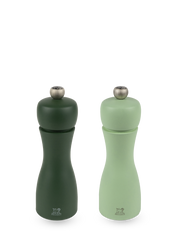 Peugeot | Tahiti Duo Salt + Pepper Mills, Water: Elegant tabletop mills showcasing a refined hourglass design, featuring adjustable grind settings and sustainably sourced wood.