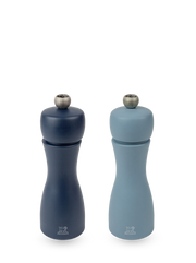Peugeot | Tahiti Duo Salt + Pepper Mills, Air, featuring hourglass shapes and navy and sky blue finishes, perfect for elegant table settings.