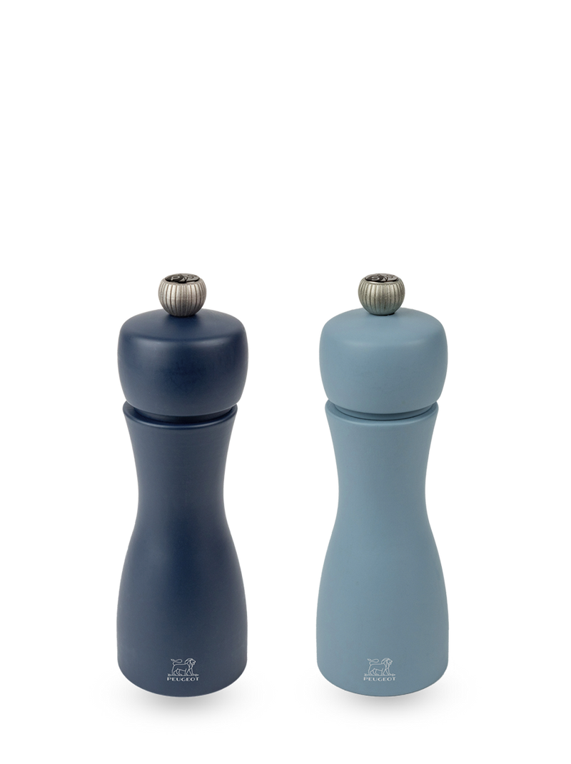 Peugeot | Tahiti Duo Salt + Pepper Mills, Air, featuring hourglass shapes and navy and sky blue finishes, perfect for elegant table settings.