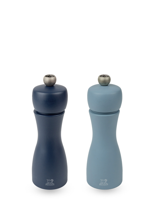 Peugeot | Tahiti Duo Salt + Pepper Mills, Air, featuring hourglass shapes and navy and sky blue finishes, perfect for elegant table settings.