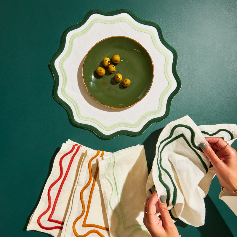 Misette | Colorblock Embroidered Linen Placemats in Dark Green/Sage, Set of 4