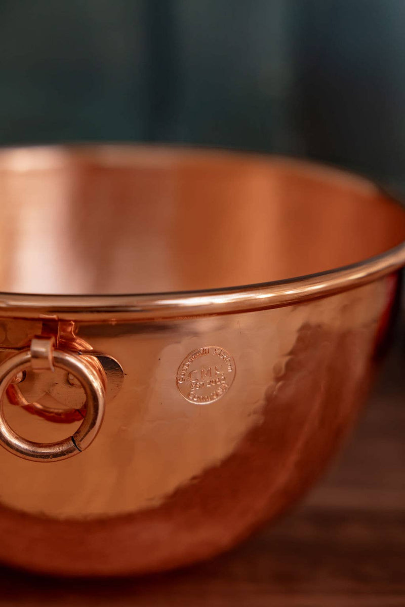 Coppermill Kitchen LLC - Coppermill Vintage Inspired Mixing Bowl: A polished hammered copper vessel with a side handle, embodying vintage charm and culinary versatility.