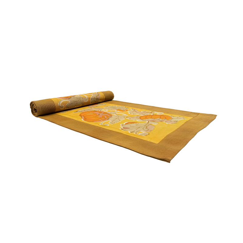 Caravan Home - Pumpkin Orange/Mustard Runner: 16 x 90, featuring handprinted pumpkins and leaves, ideal for adding autumn flair to dining settings.