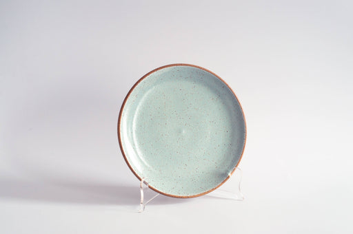 RachaelPots Salad Plate in Nude/Light Blue: A ceramic plate with speckled glaze, natural rim, on display stand, showcasing artisanal craftsmanship.