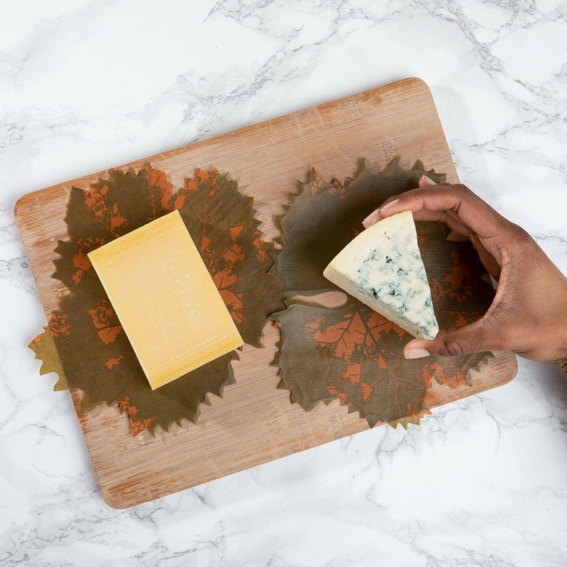 Hand holding Formaticum | Cheese Board Liners - Large, made from wax-coated parchment with grape leaf design, perfect for elegant presentations.