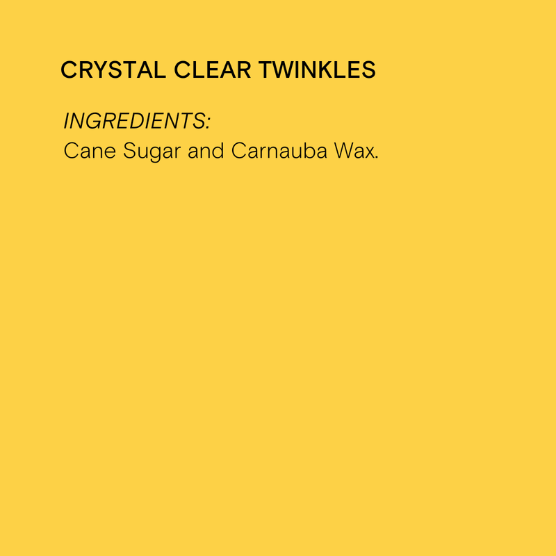 Supernatural - Twinkles Sanding Sugar: Crystal Clear label showcasing non-GMO, vegan, kosher ingredients ideal for baking, featuring cane sugar and carnauba wax.