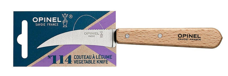 Opinel | Essential Birdsbeak Vegetable Knife - Pink in packaging, featuring a curved stainless steel blade and beechwood handle, ideal for precise fruit and vegetable preparation.