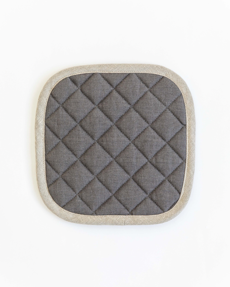 MagicLinen linen pot-holder, grey, square-shaped with quilted detailing and hanging loop, ideal for heat protection in kitchens.