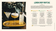 Penguin Random House LLC - Three Cheers cocktail book spread featuring a Lemon Drop Martini recipe and variations, highlighting lemon-centric drinks. Perfect for cocktail enthusiasts.