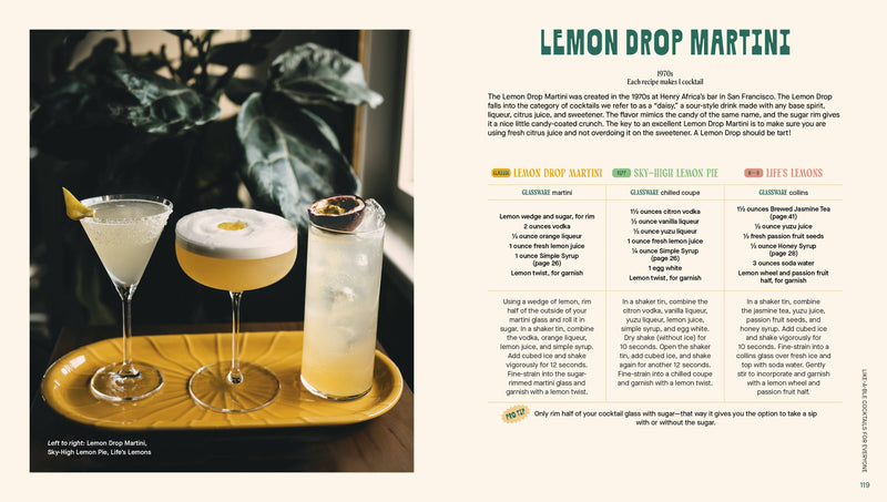 Penguin Random House LLC - Three Cheers cocktail book spread featuring a Lemon Drop Martini recipe and variations, highlighting lemon-centric drinks. Perfect for cocktail enthusiasts.