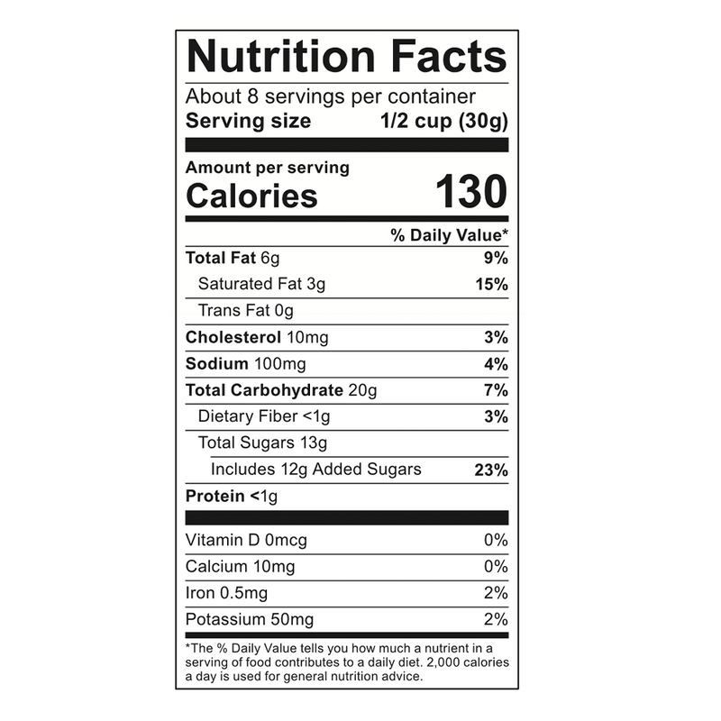 Poppy Hand-Crafted Popcorn - Christmas Confetti Popcorn: Nutrition label showing 130 calories per ½ cup serving, with festive ingredients like salted caramel and chocolatey drizzle.