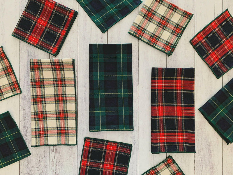 Dot and Army Tartan Cloth Napkins, set of four, showcasing a close-up of classic plaid fabric, ideal for holiday gatherings and crafted in Georgia.