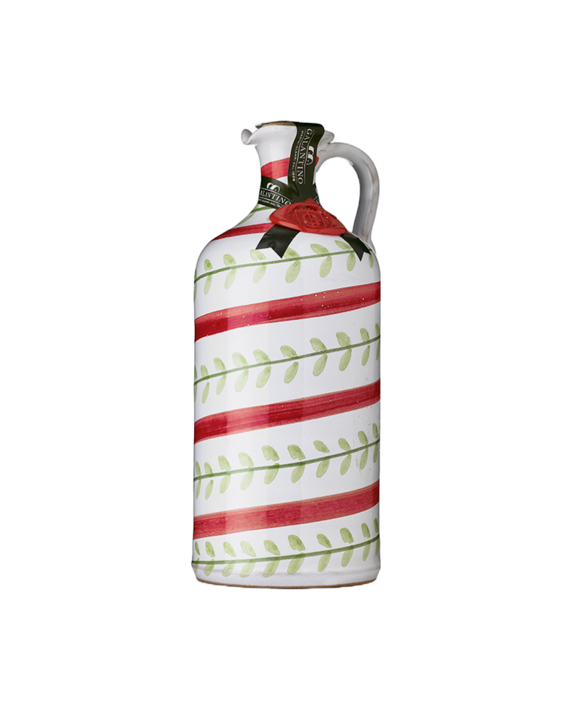 Zia Pia - Foglie Extra Virgin Olive Oil Ceramic by Galantino: Hand-painted festive jug with handle and spout, premium olive oil from Puglia, 500 ml.