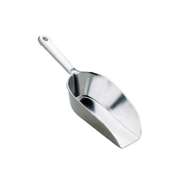 Flat Bottom Food Utility Scoop, 7.5in, shown close-up, featuring a silver handle and deep walls, ideal for scooping bulk foods and coffee beans.