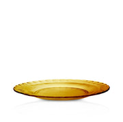 Duralex | Lys Amber Dessert Plate, Set of 6 - Shallow, round glass plates with scalloped edges, made of durable, amber-colored glass, perfect for versatile kitchen use.