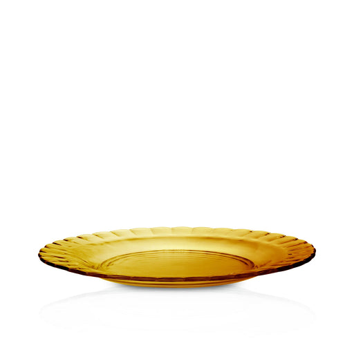 Duralex | Lys Amber Dessert Plate, Set of 6 - Shallow, round glass plates with scalloped edges, made of durable, amber-colored glass, perfect for versatile kitchen use.