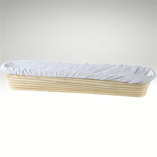 Frieling | Brotform Banneton Bread Proofing Basket - Baguette 17 x 3, oval wicker design with a removable white cloth liner, ideal for shaping and rising bread dough.