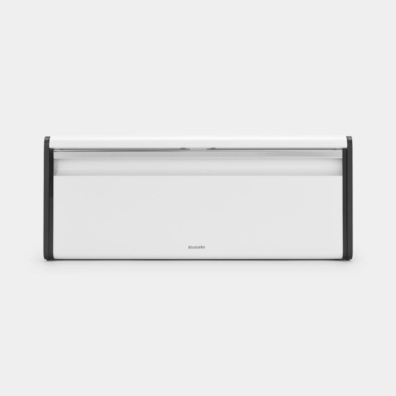 Brabantia USA Inc | Fall Front Bread Box White, featuring a sleek rectangular design with a flat top for canisters and easy wall-mounting capability for space-saving storage.