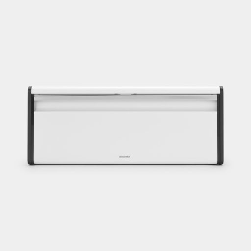 Brabantia USA Inc | Fall Front Bread Box White, featuring a sleek rectangular design with a flat top for canisters and easy wall-mounting capability for space-saving storage.