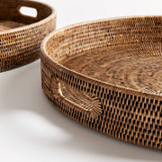 Napa Home & Garden | Burma Rattan Round Ottoman Trays - Large: RATTAN - Set of 2, showcasing intricate wicker craftsmanship, ideal for serving and styling in kitchen or entertaining spaces.